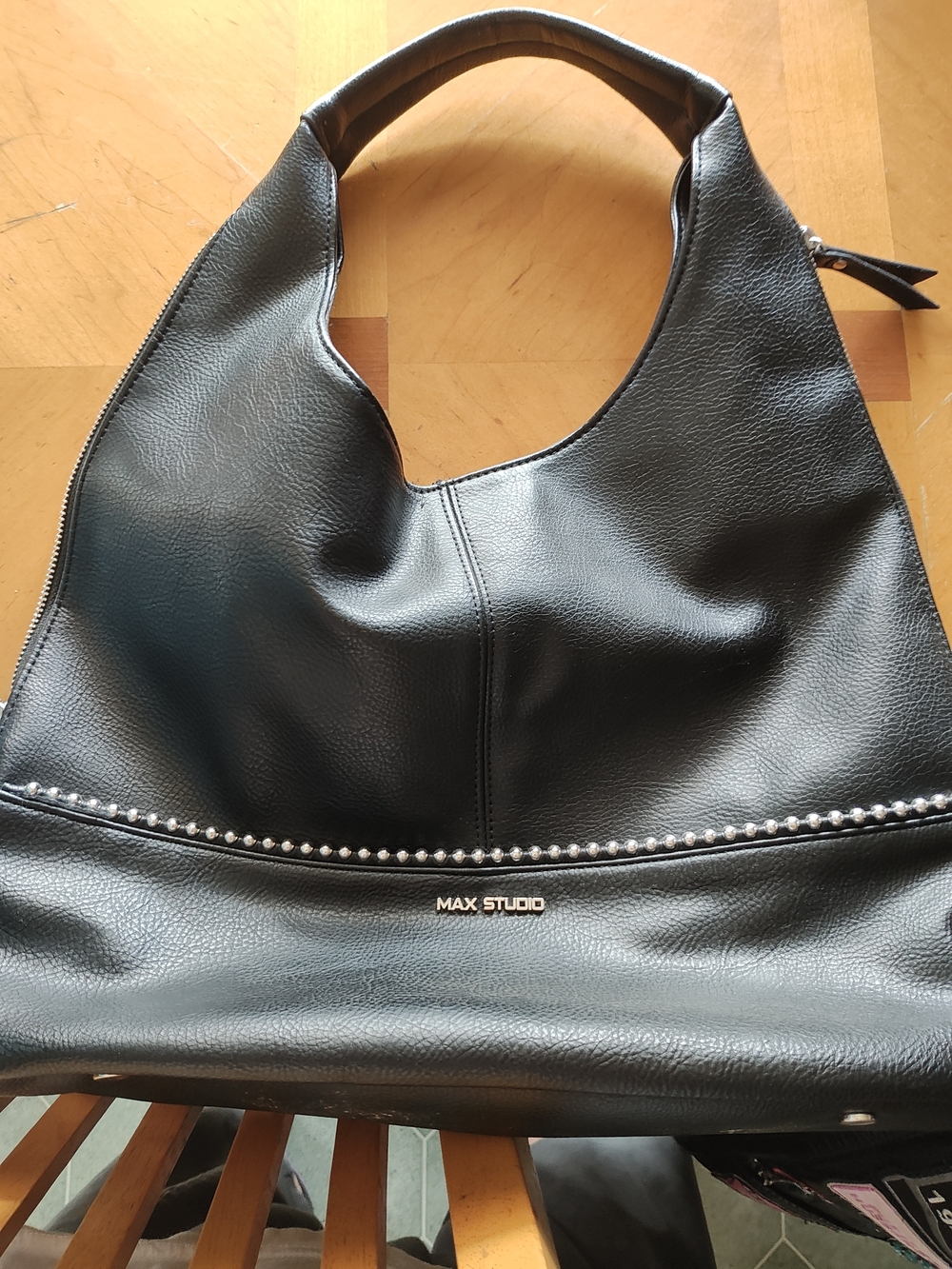 Max Studio Black Pebbled Leather Stud-Trim Hobo